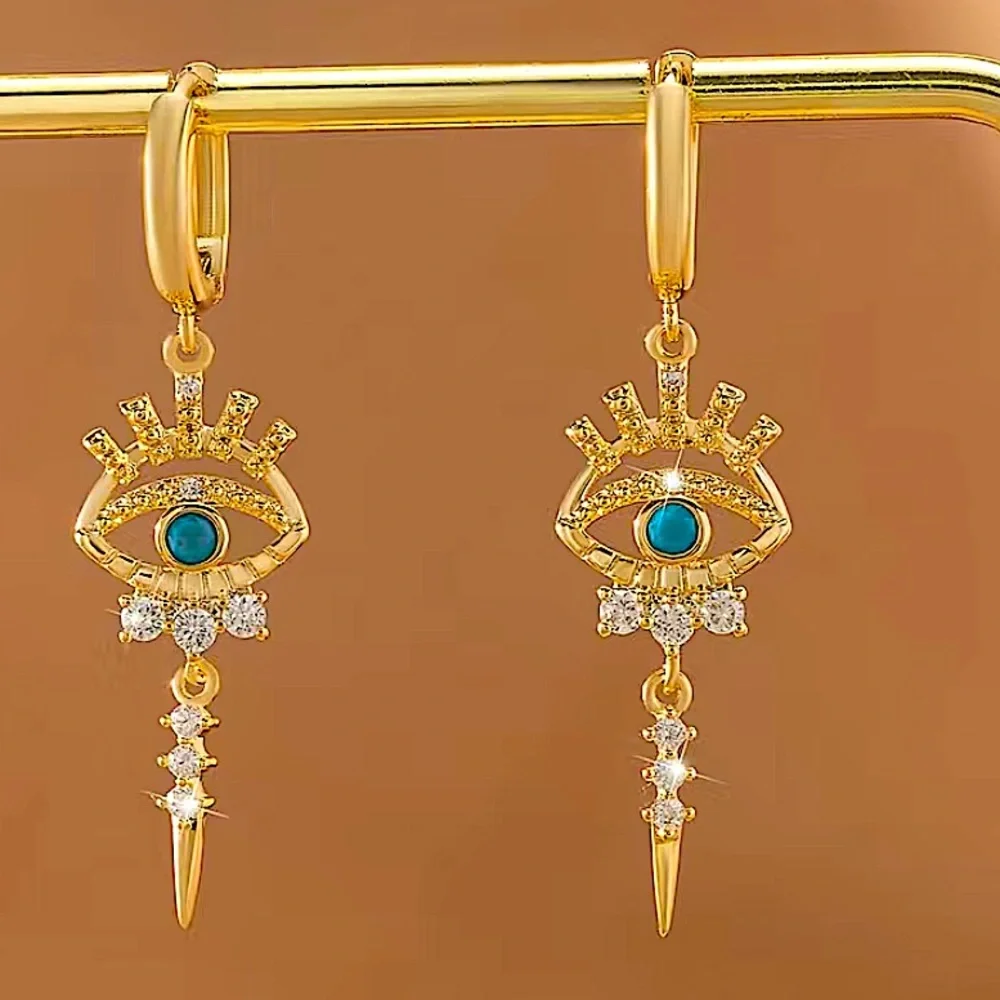 Gold 14K Evil Eye Hoop Zircon Drop Dangling Minimalist Earrings - Picture 3 of 8